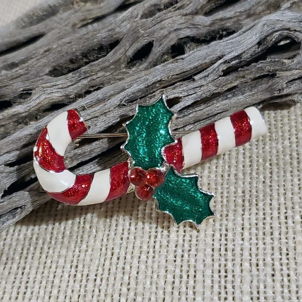Y2K 90s Christmas Red White Candy Cane Holly Silver Enamel Sweater Pin Brooch